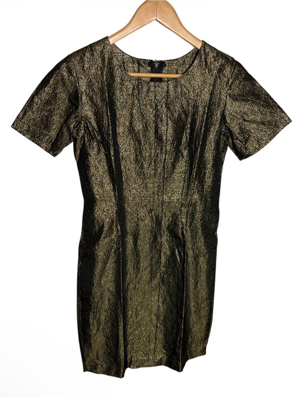 Taffeta handmade metallic olive short sleeve shift office dress fits like S